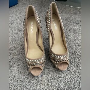 Bebe Tan Rhinestone Peep-Toe Heels
